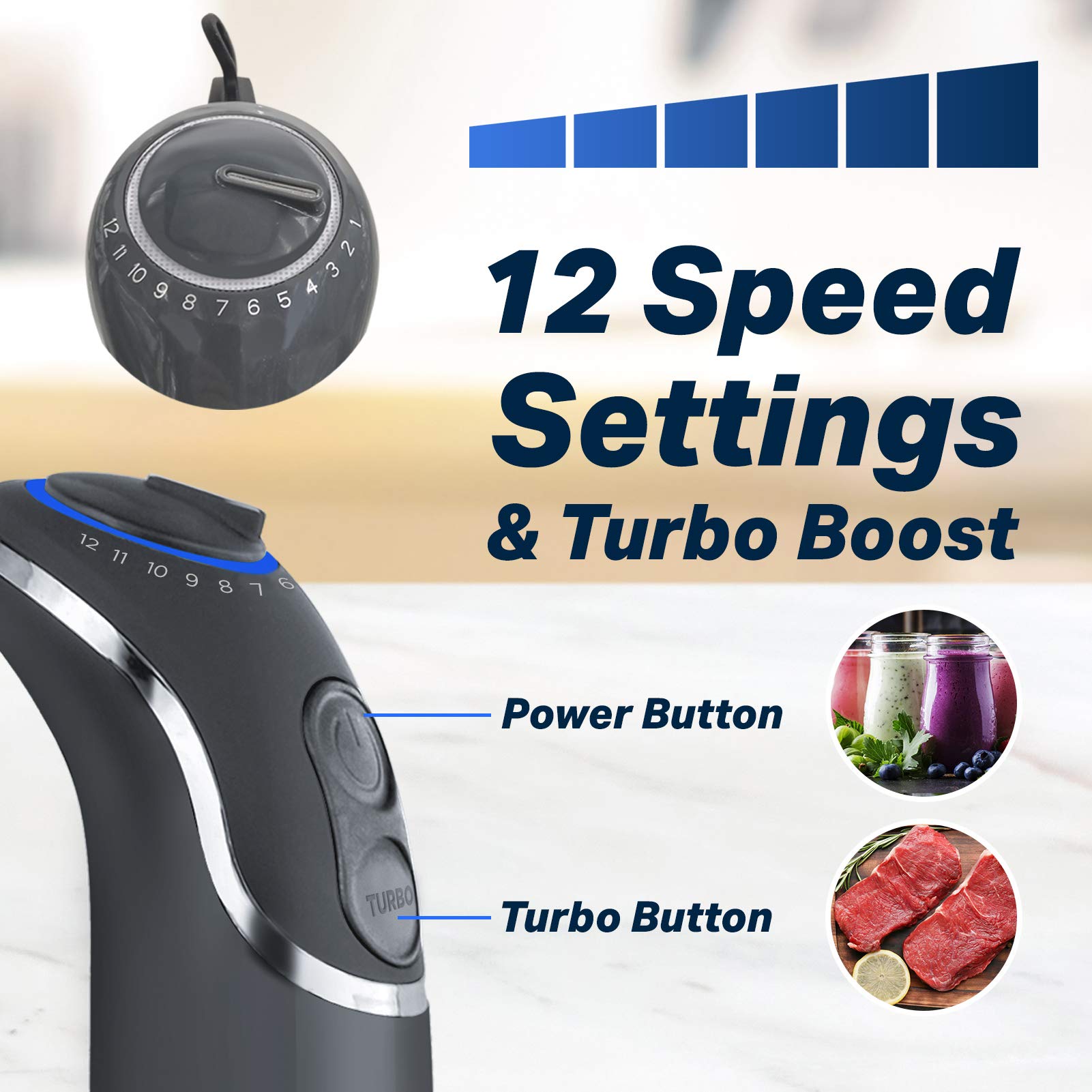 Licuadora de Inmersión Mueller Negro 800 W 12 Velocidades y Modo Turbo con Cuchillas de Acero de Titanio
