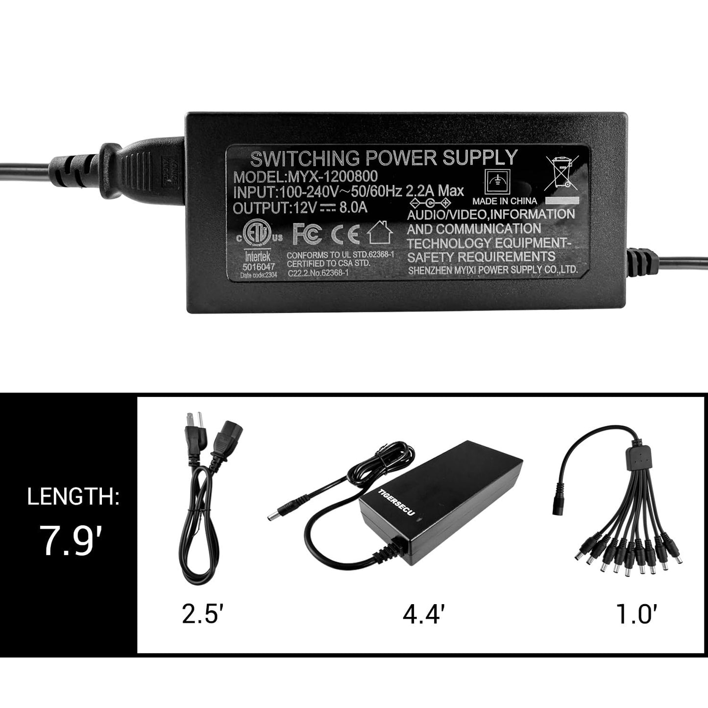 TIGERSECU Adaptador de Corriente para Cámara de Seguridad y DVR con Divisor de Corriente de 9 Vías, Fuente de Alimentación de 12V 8A 100V-240V 2.1x5.5mm, Compatible con DVR y Cámaras IP, BNC y PTZ