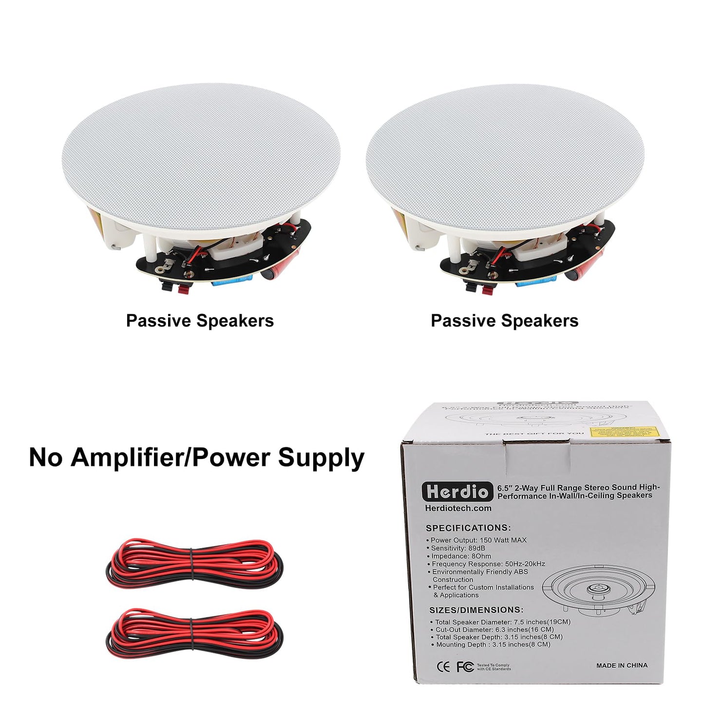 Herdio HCS-628 Altavoces Pasivos de 6.5 Pulgadas, Montaje Empotrado en Techo, 300 Vatios, Resistentes a la Humedad, Ideal para Interiores y Exteriores, Blanco