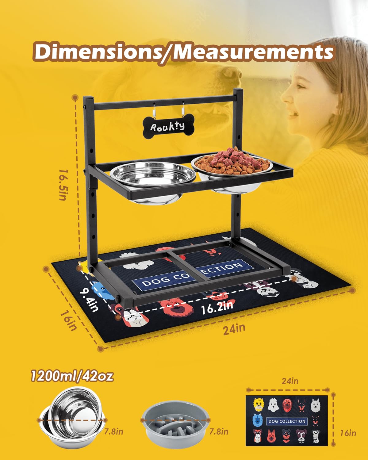 Cuencos elevados para perros con alimentador lento, soporte de tazón elevado de altura ajustable con 2 cuencos de acero inoxidable de 1200 ml, a prueba de derrames, cuencos para perros pequeños, medianos y grandes