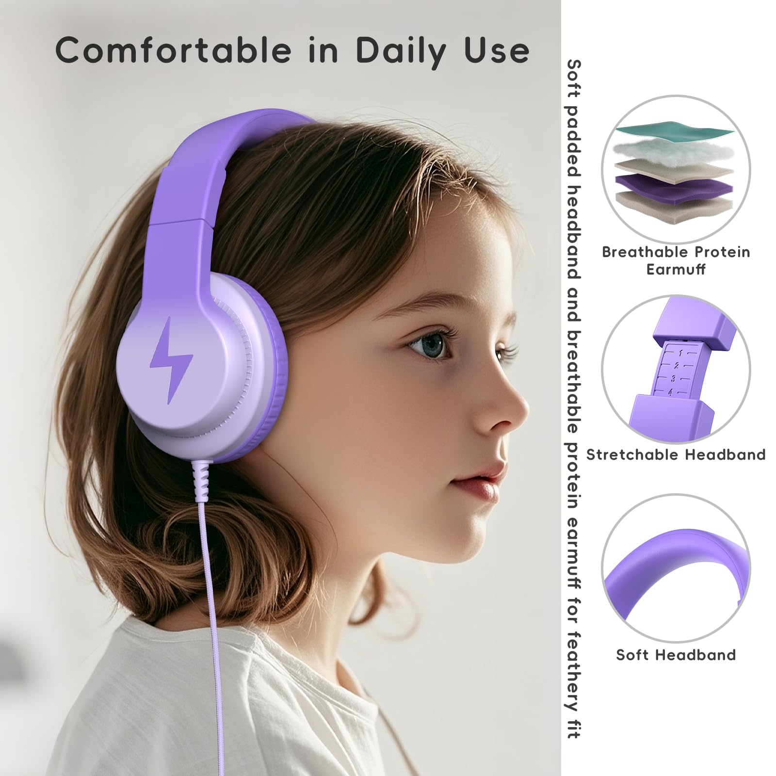 Candy Bila - Auriculares con cable para niños, con micrófono, limitador de volumen de 85/94 dB para niñas y niños, auriculares plegables para aprendizaje y entretenimiento, color morado oscuro