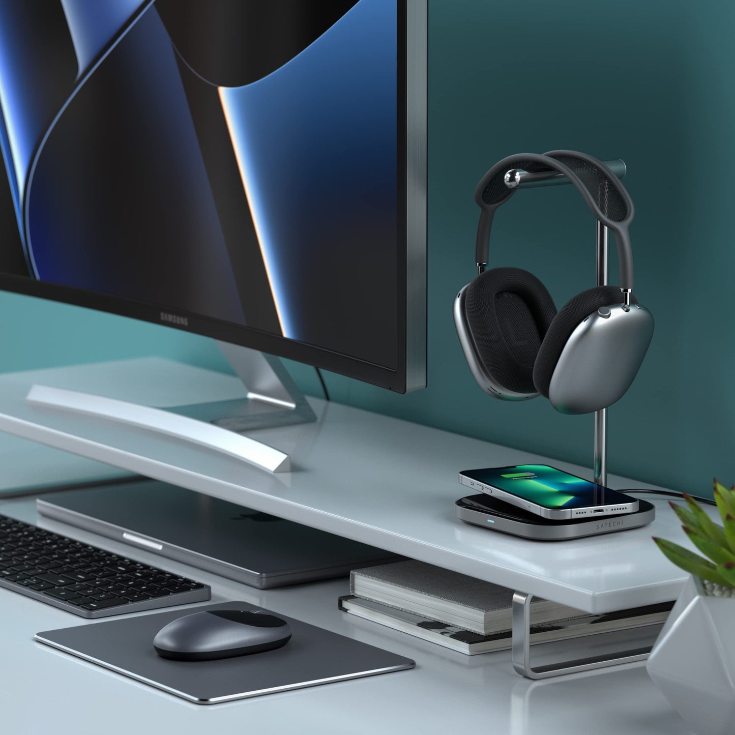 Soporte para Auriculares SATECHI Gris con Carga Inalámbrica y USB Tipo-C Compatible con iPhone y Dispositivos Qi