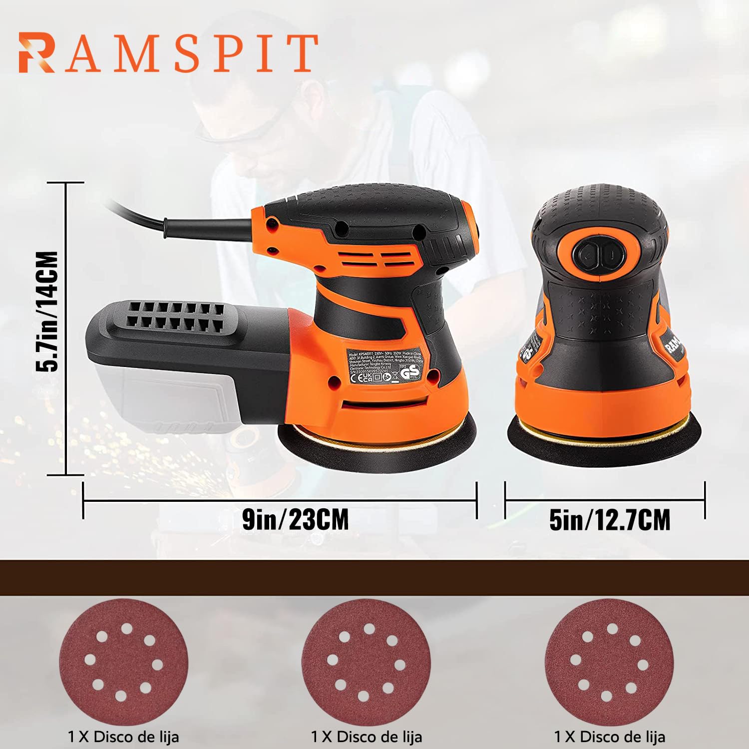 Lijadora Orbital Aleatoria RAMSPIT 2.8A 350W con Caja de Polvo Ciclónica y 15 Hojas de Lijado