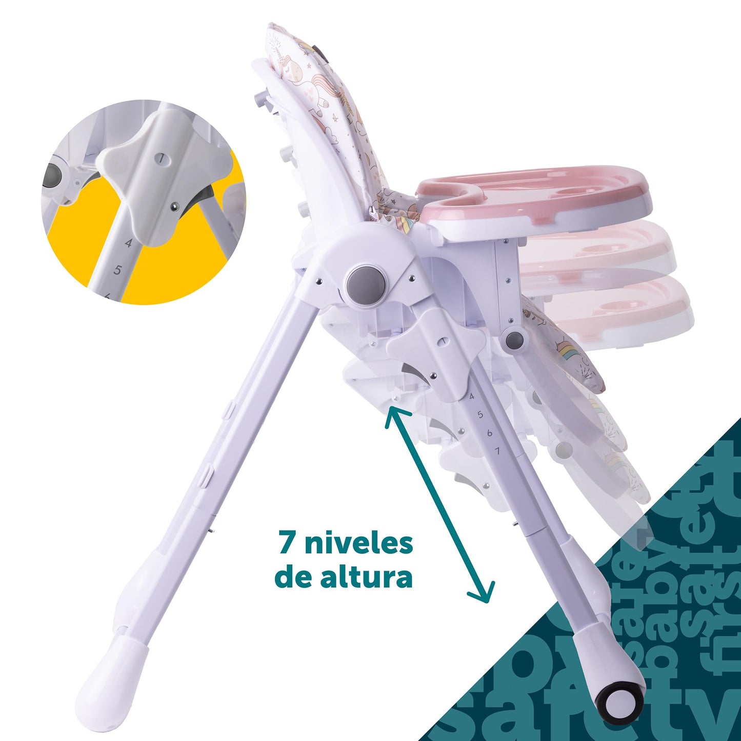 Safety 1st Silla Alta Periquera Tavola, Unicornios, 7 posiciones de altura, 3 de reclinación, reposapiés ajustable, doble charola, plegado compacto.