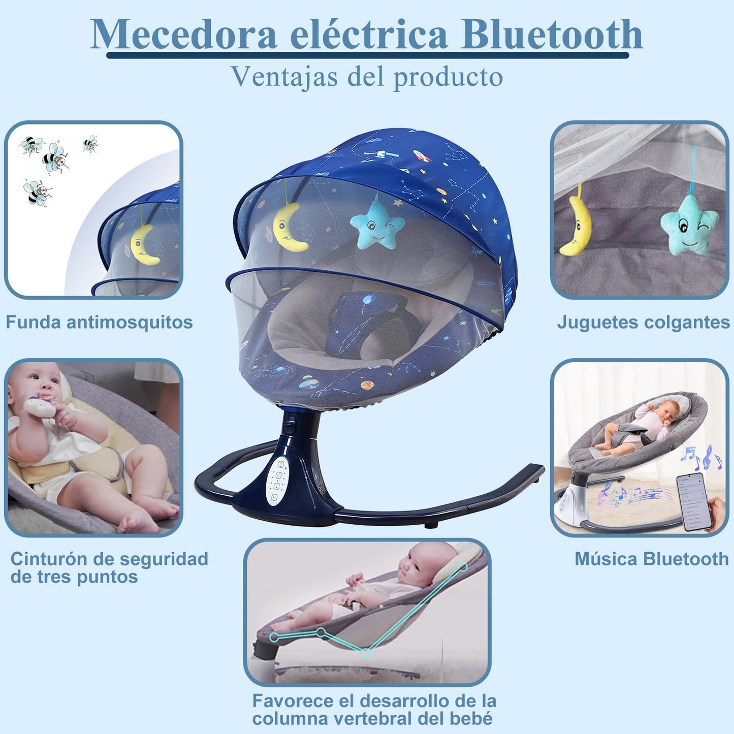 Mecedora Eléctrica AMIARYA Azul con Mando a Distancia y Bluetooth para Bebé