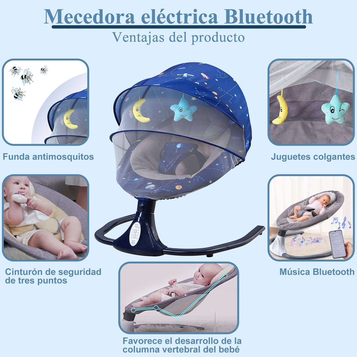Mecedora Eléctrica AMIARYA Azul con Mando a Distancia y Bluetooth para Bebé