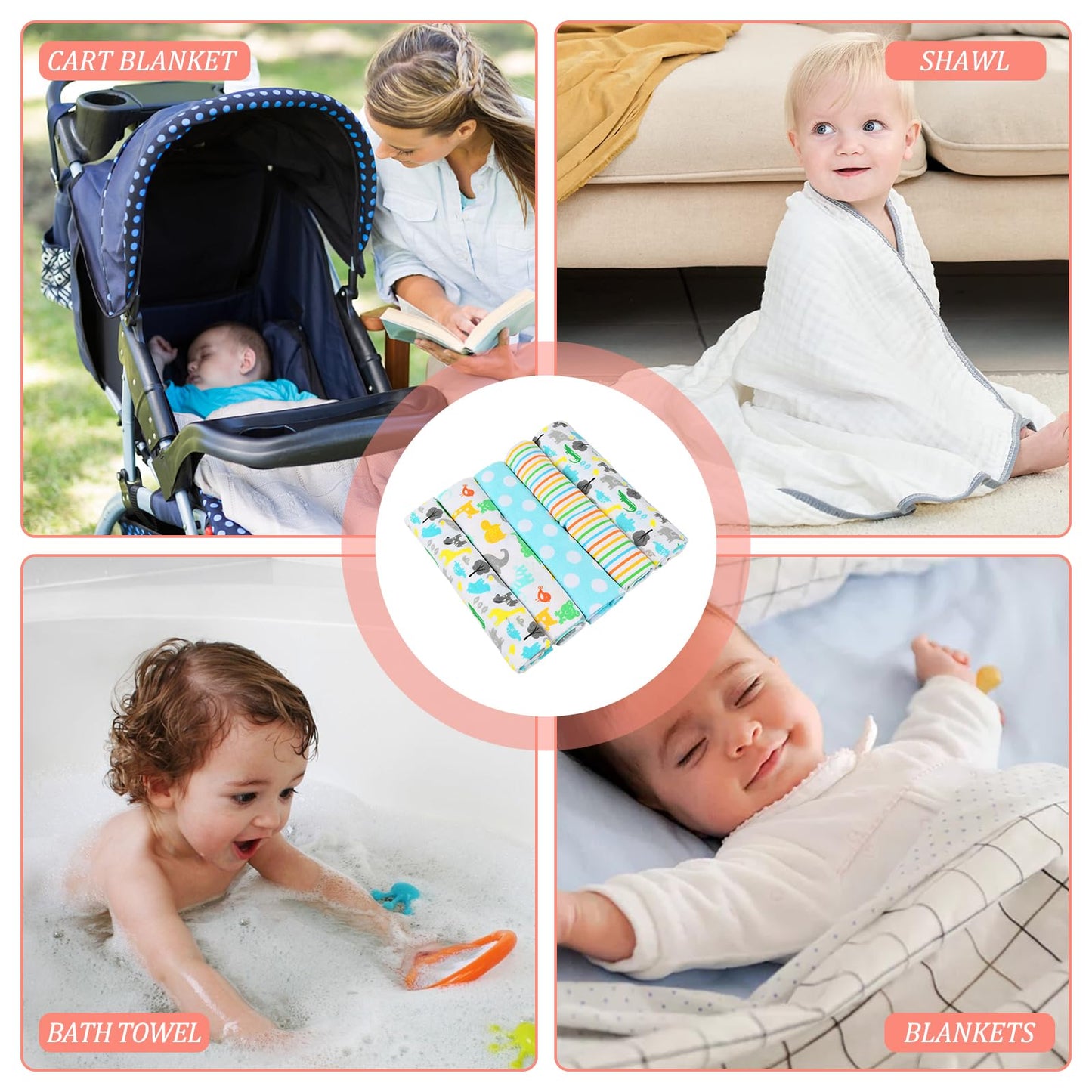 Flannel 5 Piece Receiving Blankets- 100% Lujo Algodón Orgánico Cobija Envolvente para Niños y Niñas Suave Tejido Cálido Acogedor Coche Cuna Recién Nacidos Bebés Niños Pequeños