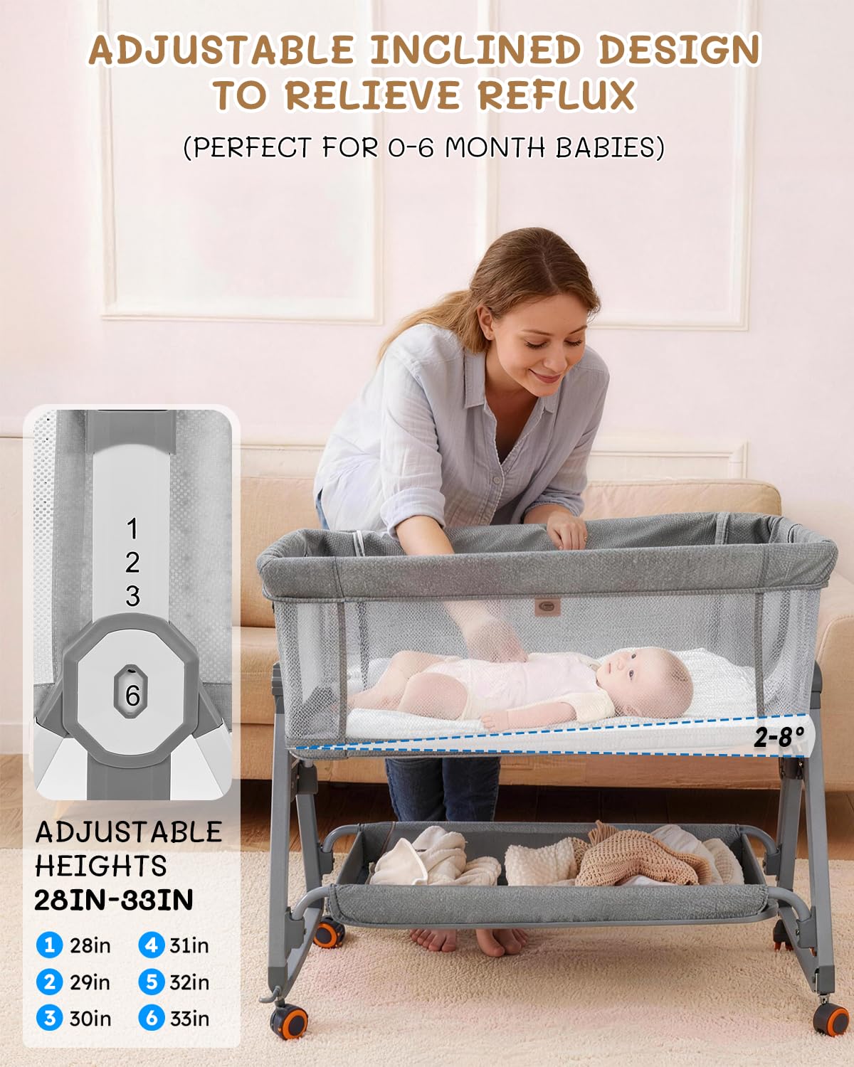 Leoavetole - Moisés de cama para bebé, cuna 4 en 1 con ruedas, cuna ajustable de 6 altura con malla transpirable para recién nacidos y bebés (gris profundo)