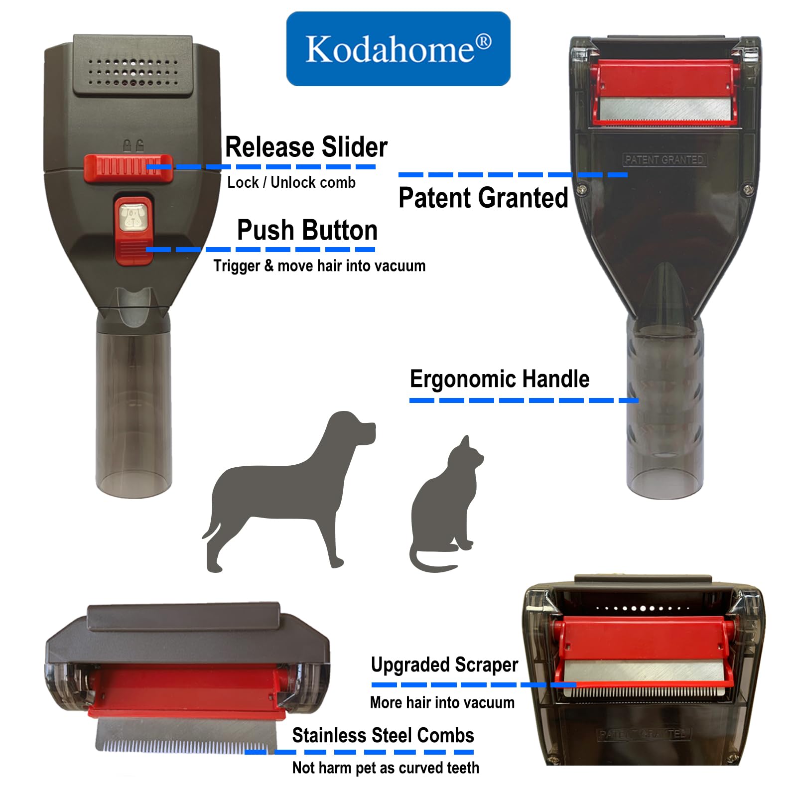Kodahome Dog Shedding Brush Vacuum Attachment - Kit de herramientas para el novio de mascotas para la mayoría de las aspiradoras, con manguera de extensión Vac con adaptadores universales