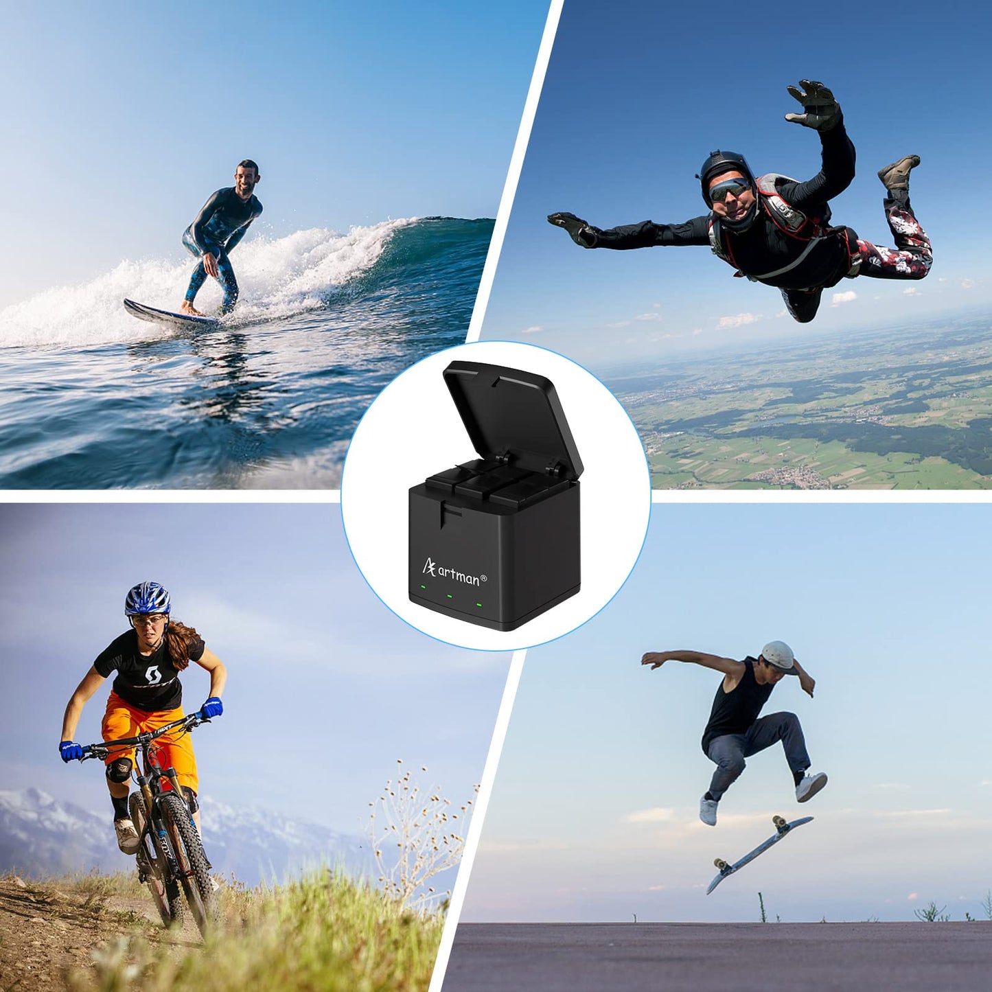 Artman Batería de 1500mAh (Paquete de 3) para GoPro Hero 8/7/6/5 Black y Cargador USB LED de 3 Canales Compatible con la Batería y el Cargador de la GoPro Hero 8