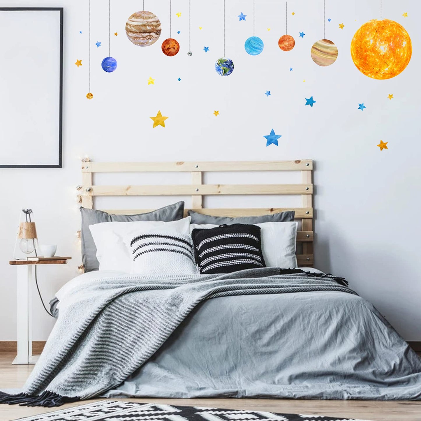 Calcomanías de pared con sistema solar extraíble, decoración de pared con estrellas de dibujos animados, decoración de pared de universo de despegar y pegar, papel pintado de vinilo para niños y niños