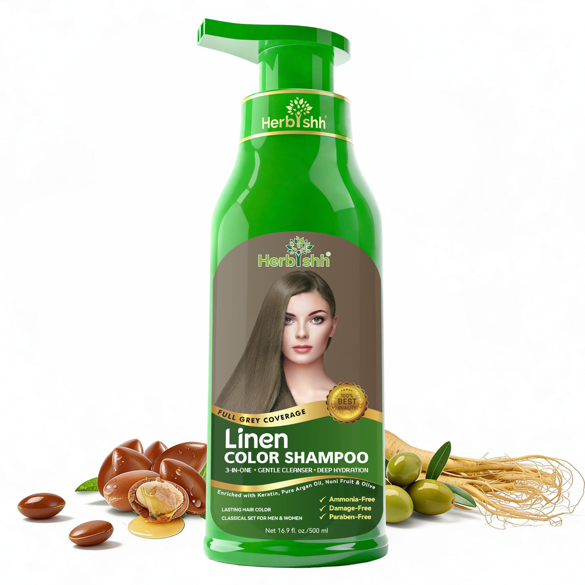 Herbishh - Champú para teñir el cabello gris, champú con tinte natural para el cabello, colorea el cabello en minutos, dura hasta 3 a 4 semanas, 500 ml, tinte de cabello 3 en 1, sin amoniaco | (lino)