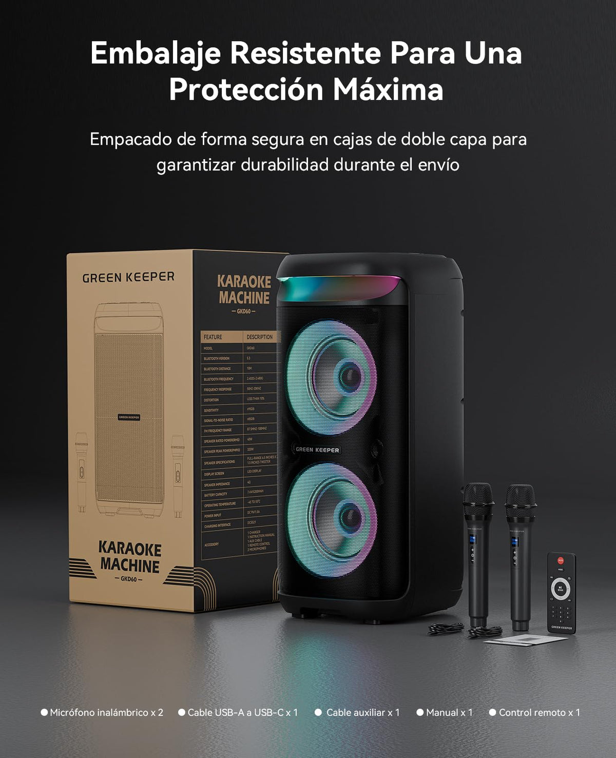 Sistema de Karaoke Profesional GKD60 Negro con 2 Micrófonos Inalámbricos y Altavoz Bluetooth de 500W
