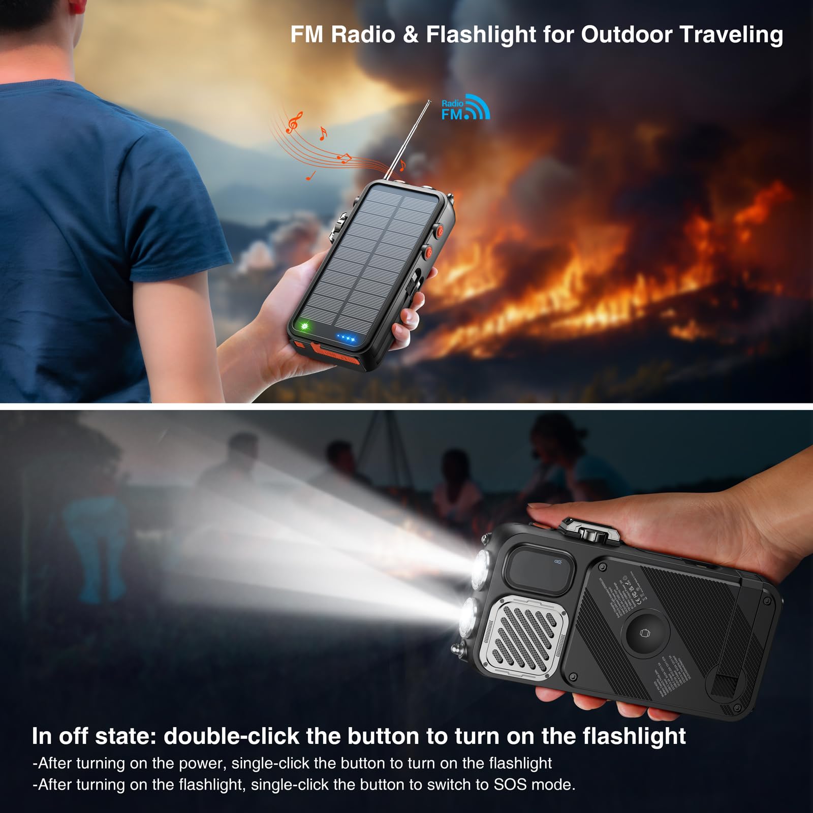BROWEY - Cargador inalámbrico para banco de energía solar, 16000 mAh, manivela integrada y 3 cables con radio de emergencia y linterna, carga rápida de 20 W para teléfonos celulares, cargador portátil