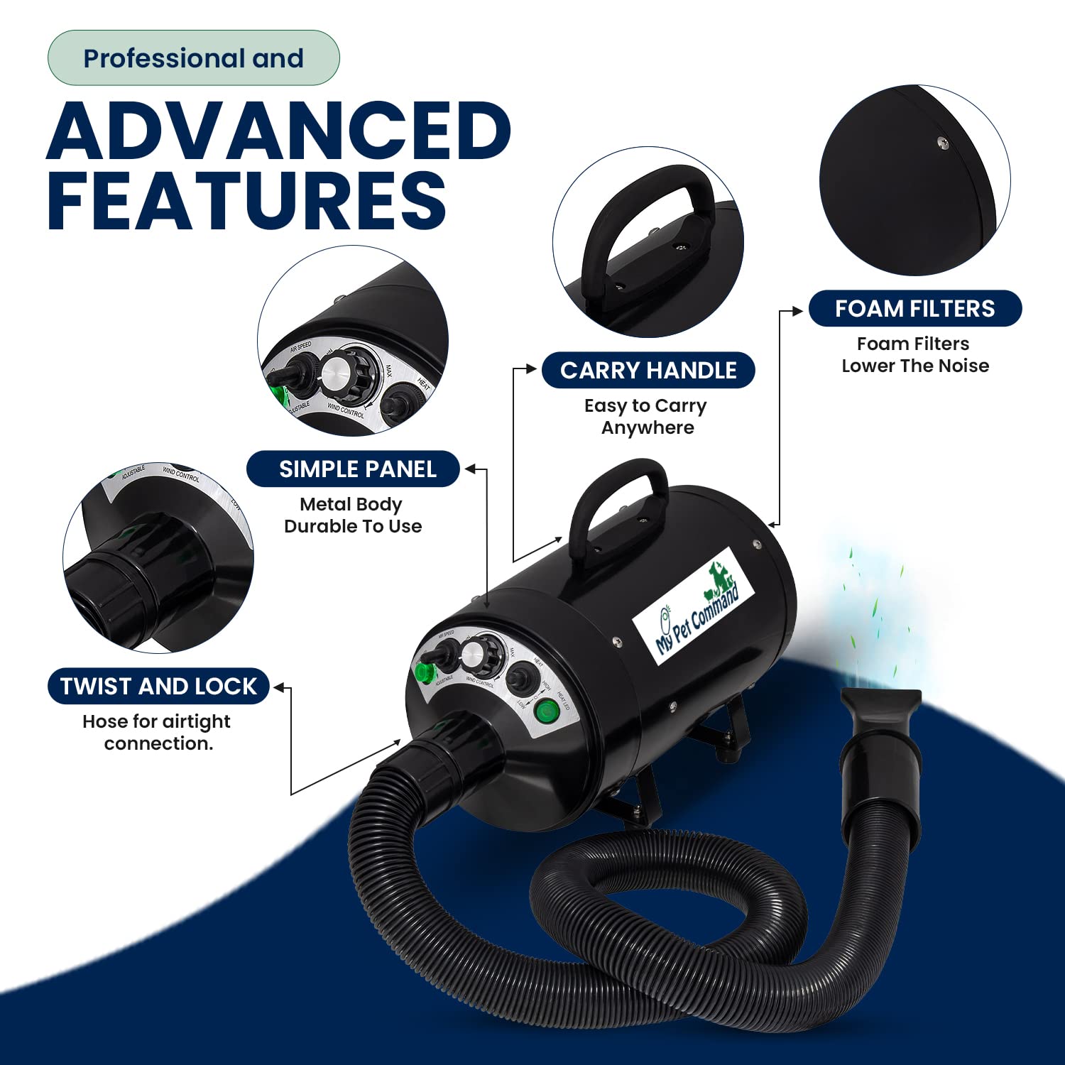 Secador de Pelo para Perros My Pet Command Alta Velocidad Ajustable con Cepillo de Aseo, 110 V 500 W-2800 W 4.5 CV, caliente y frío