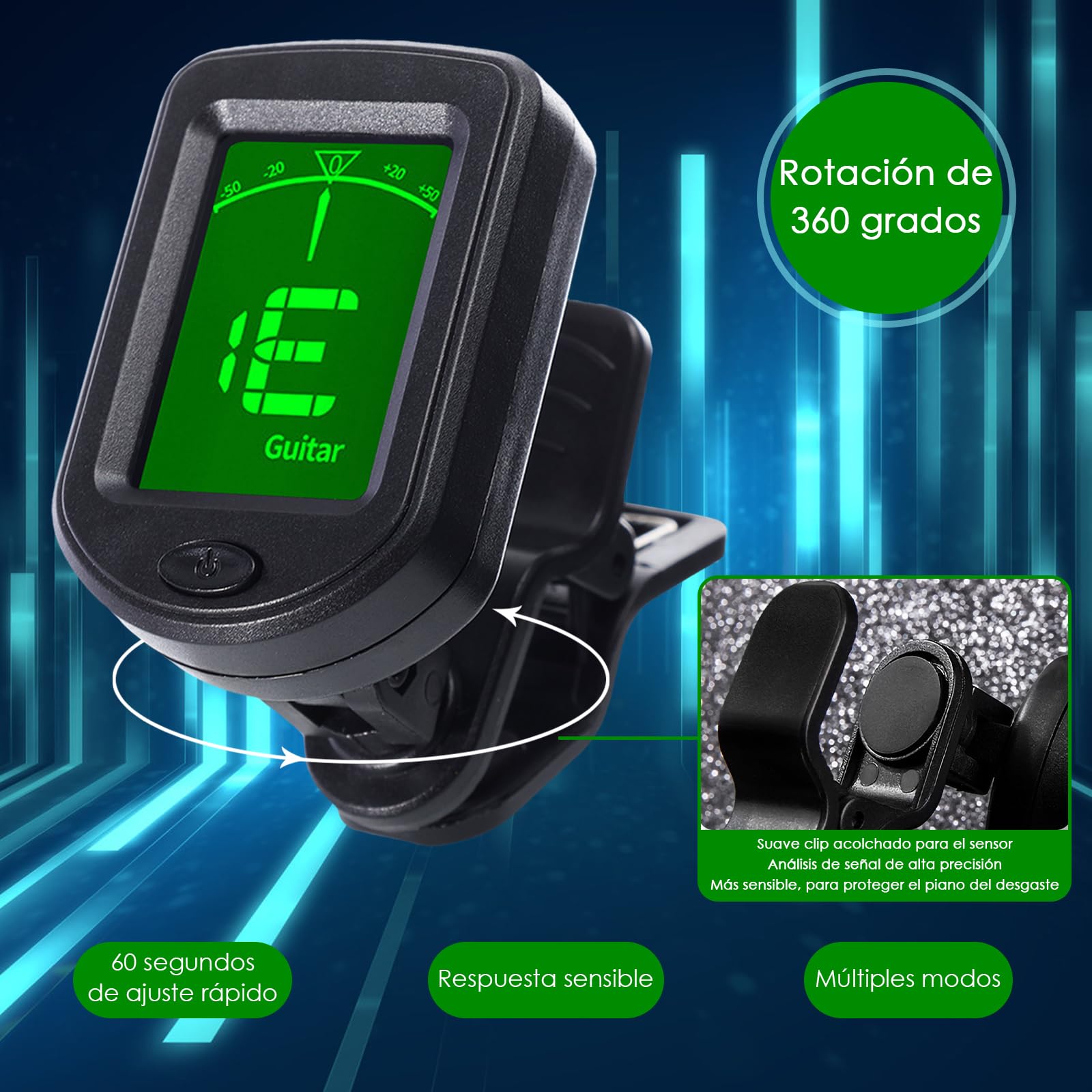 Afinador de Guitarra, Afinador de Guitarra con Pantalla LCD, Afinador Electrónico con Clip para Guitarra Acústica, Guitarra Eléctrica, Violín, Recargable (Afinador de Guitarra(recargabilidad))