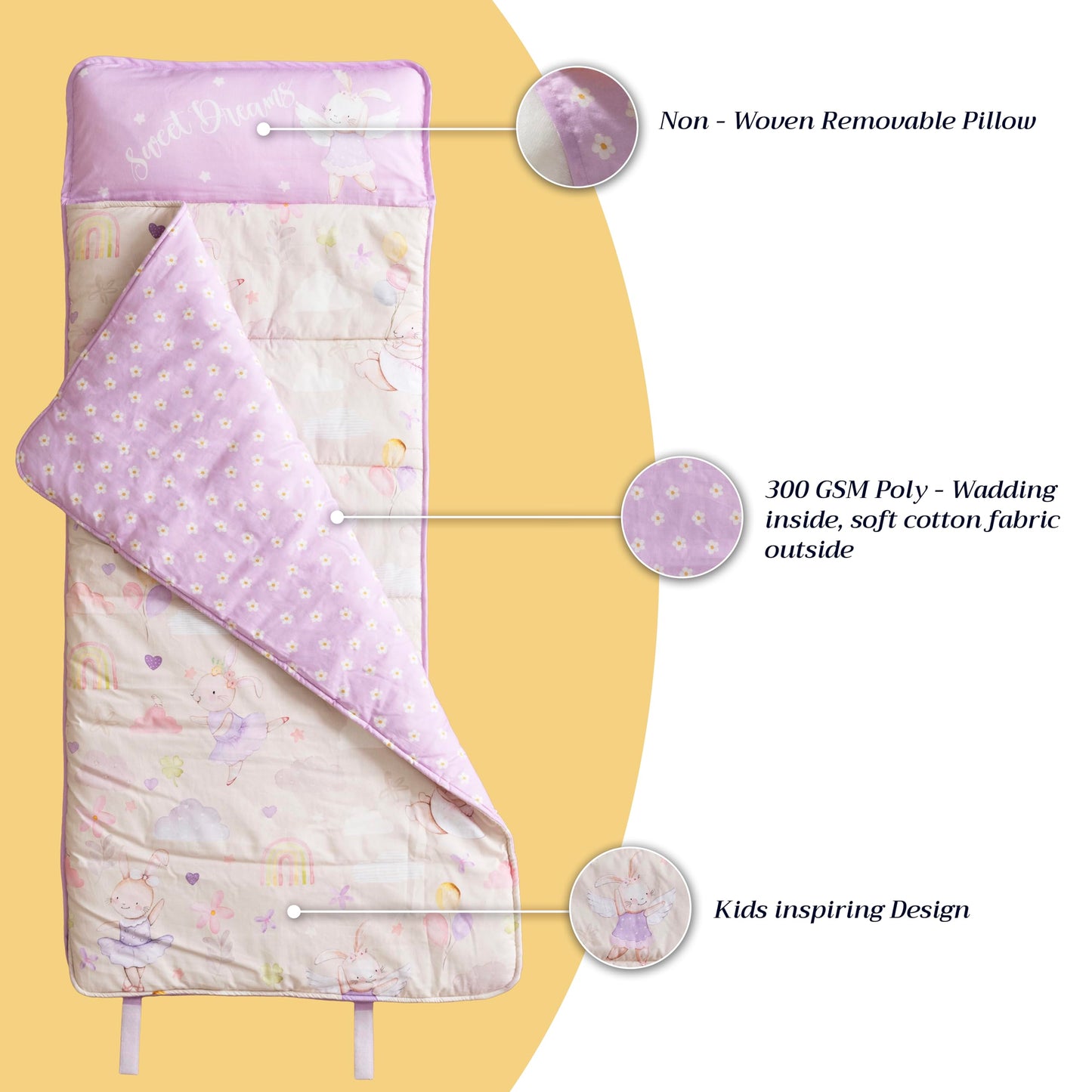 Maison d'Hermine - Tapete para dormir con almohada y manta reutilizables de 55 x 27 x 1.5 pulgadas, para niños y niñas, tapete para dormir preescolar con correas de transporte de hombros, tela de