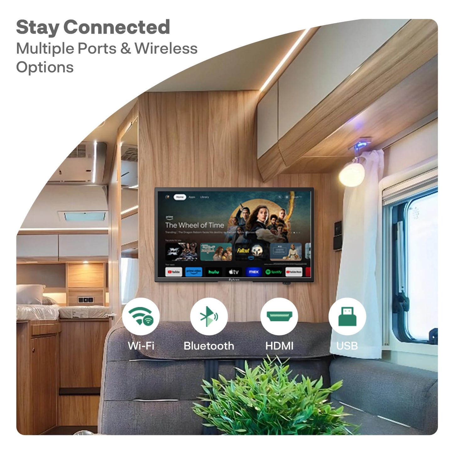 SYLVOX TV RV de 24 pulgadas, Smart TV de 12 voltios con Google OS, visualización de 178° de ancho, puertos HDMI/USB, alimentación CA/CC, protección de voltaje para uso en campistas, autocaravanas y RV