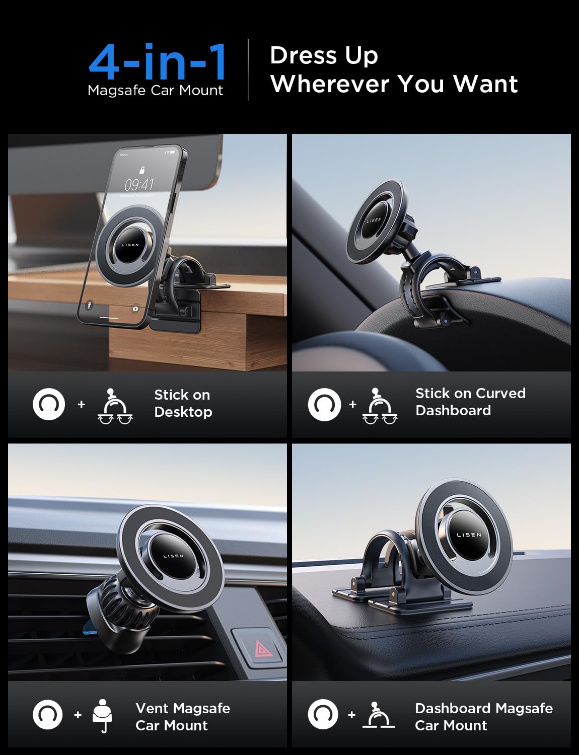 LISEN Soporte para Celular Automóvil Magsafe[3 en 1 Salpicadero Parabrisas Rejilla] Porta Celular Auto Universal Base Celular Automóvil para iPhone 16 Pro MAX 15 14 Samsung S25 S24 S23 Ultra Xiaomi