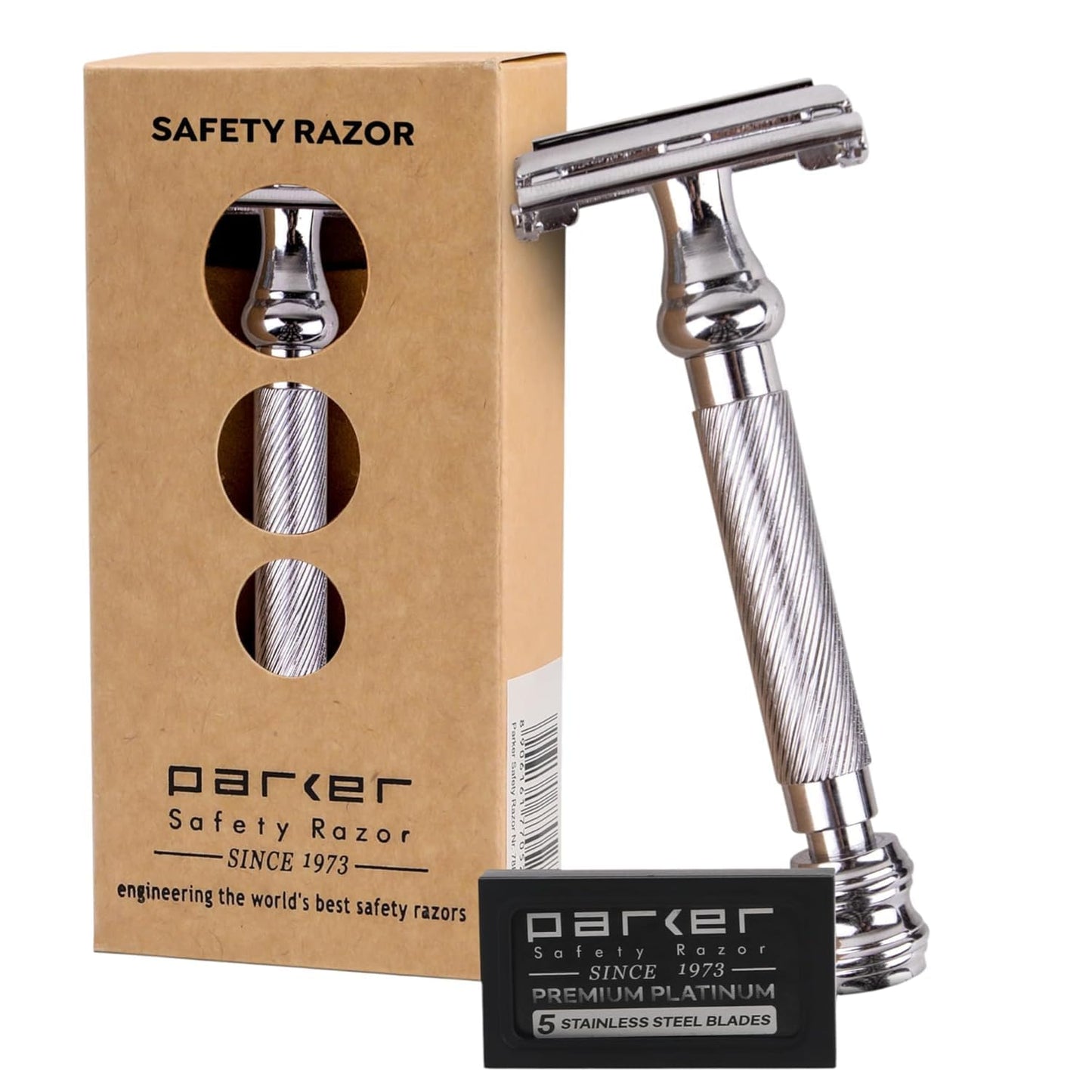 Parker 99R - Maquinilla de Afeitar de Seguridad de Doble Filo con Mango Largo SÚPER PESADO Mariposa Abierta y 5 hojas de Parker