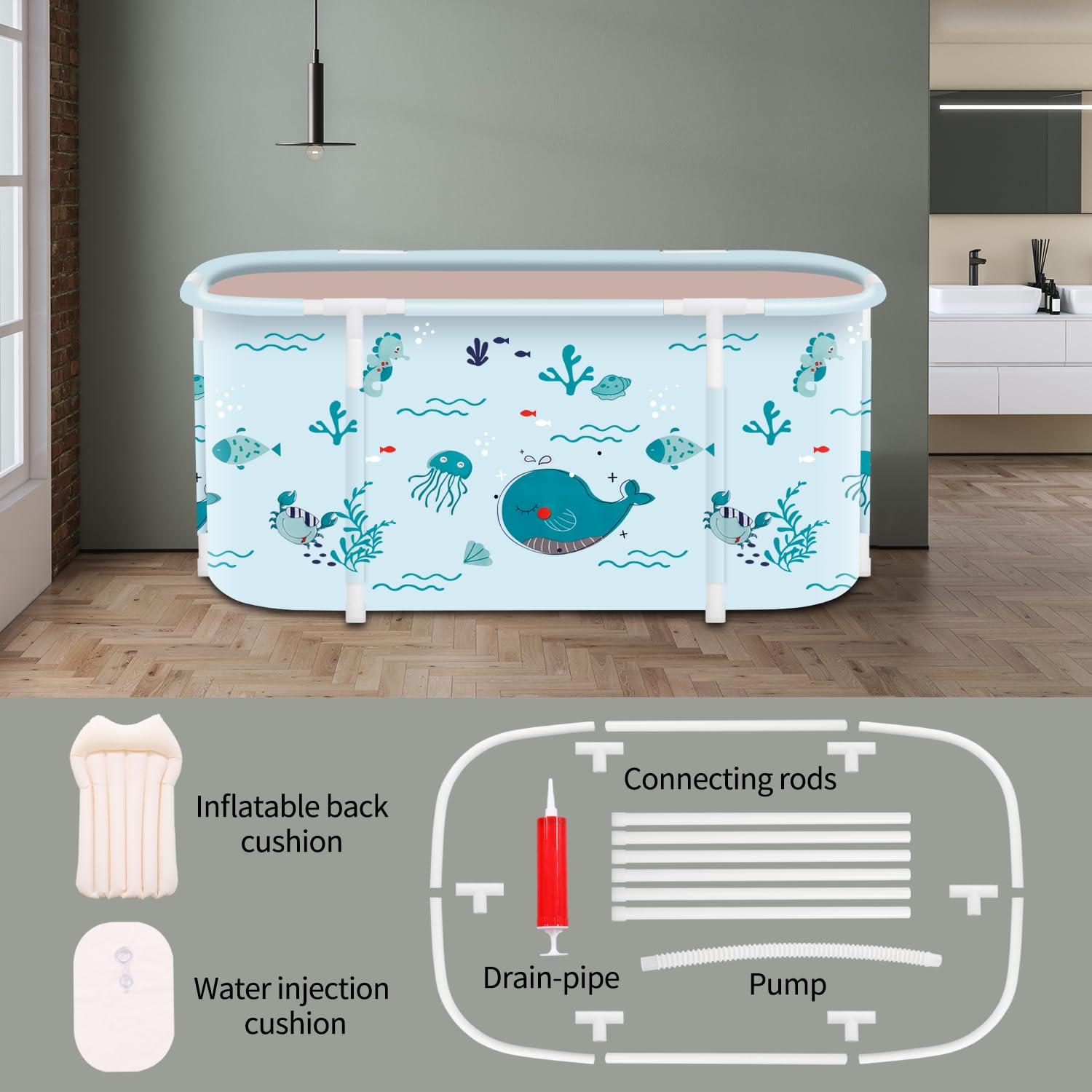 Bañera plegable portátil, bañera plegable para adultos, bañeras independientes, bañera de hidromasaje, bañera de hielo, baño familiar, SPA, 120 x 50 x 55 cm, peces