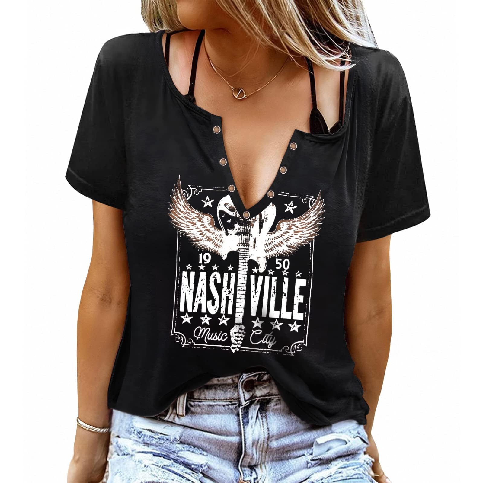 Rock and Roll - playera sin mangas con alas de guitarra, concierto, estilo clásico, country, con cuello en V, sexy, sin mangas, para mujer, Nashville B, S
