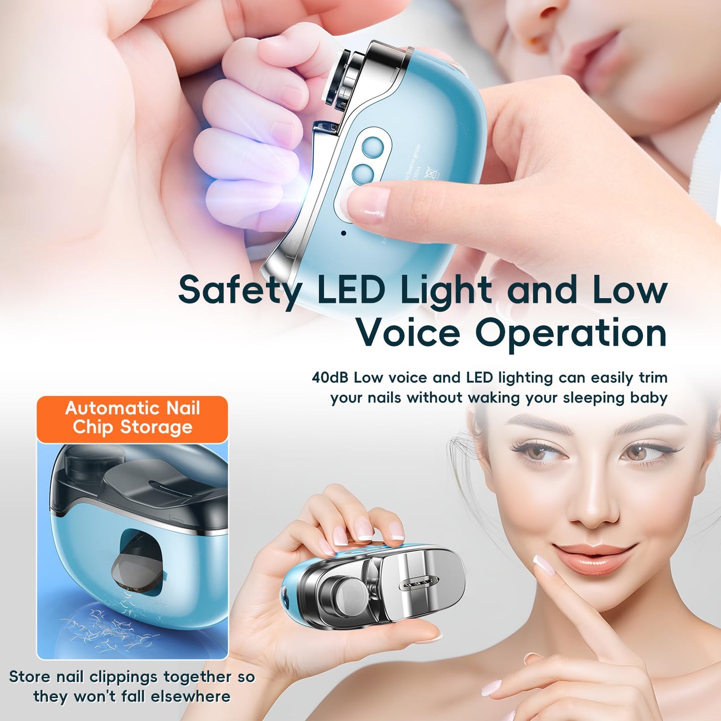 Blissleaf Cortaúñas eléctrico, lima de uñas eléctrica segura y fácil de usar, kit de cortaúñas para bebés y niños pequeños, con luz LED y estuche (azul)