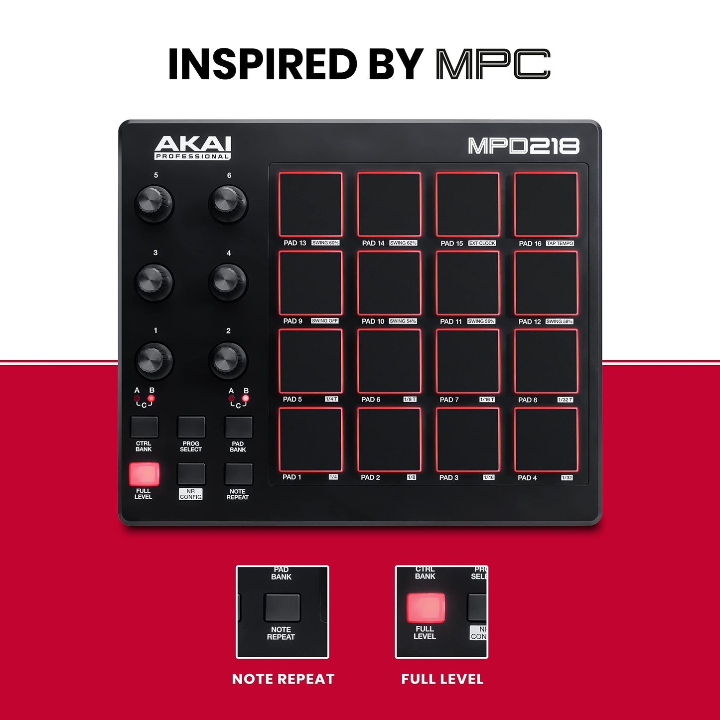 Akai Professional MPD 218 - Controlador MIDI USB con 16 pads MPC y 6 knobs asignables, Note Repeat, Full Level y paquete de software