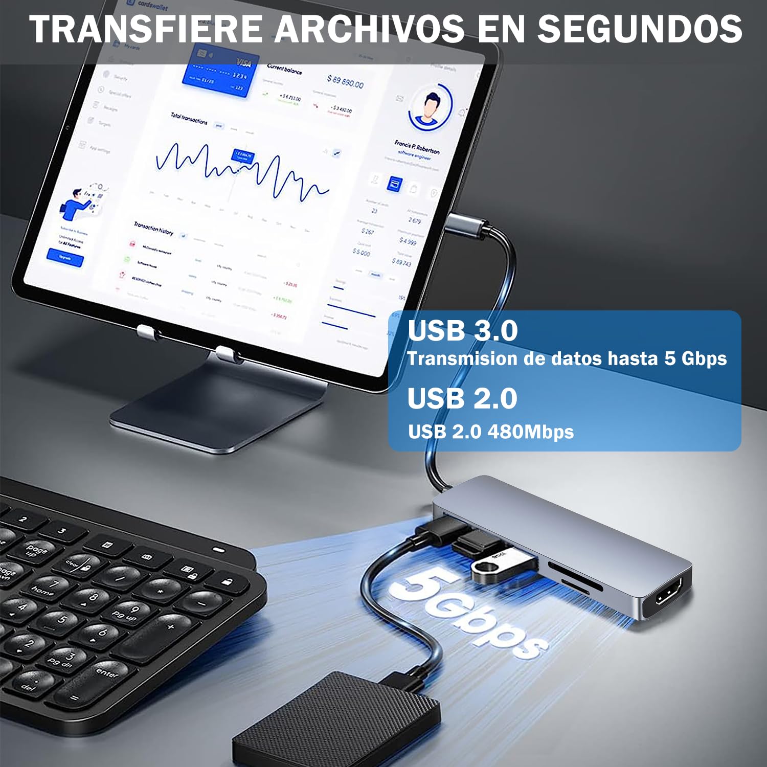 Hub USB C 6 en1, Adaptador Multipuerto USB C para MacBook Pro, USB C Hub a HDMI 4K con 3 Puertos USB Lector de Tarjetas SD/Micro SD Compatible con MacBook Air, iPad Pro, XPS y Más Dispositivos Tipo C