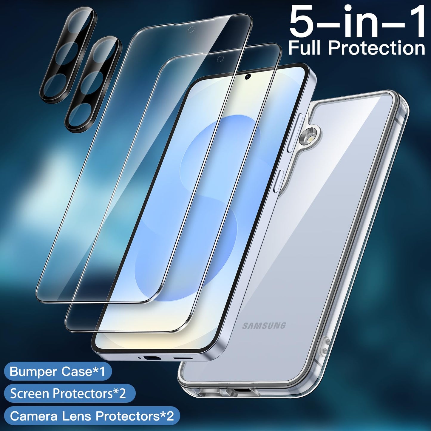 JETech 5 en 1 Funda para Samsung Galaxy S25 5G con 2 Protector Pantalla Mica Cristal Vidrio Templado y 2 Protector Lente Cámara, Carcasa Anti-Amarillo Antigolpes (Transparente)