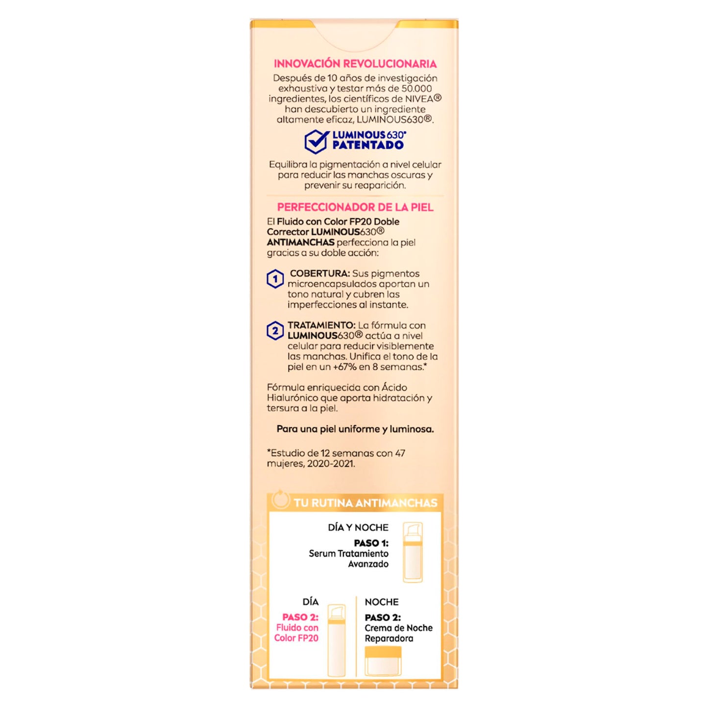 NIVEA Cellular LUMINOUS630 Anti-manchas Fluido Facial Aclarador de Piel FPS20 (40 ml) con un toque de color, Enriquecido Con Ácido Hialurónico y Vitamina E para una Piel Luminosa sin manchas por Edad, Solares u Hormonales