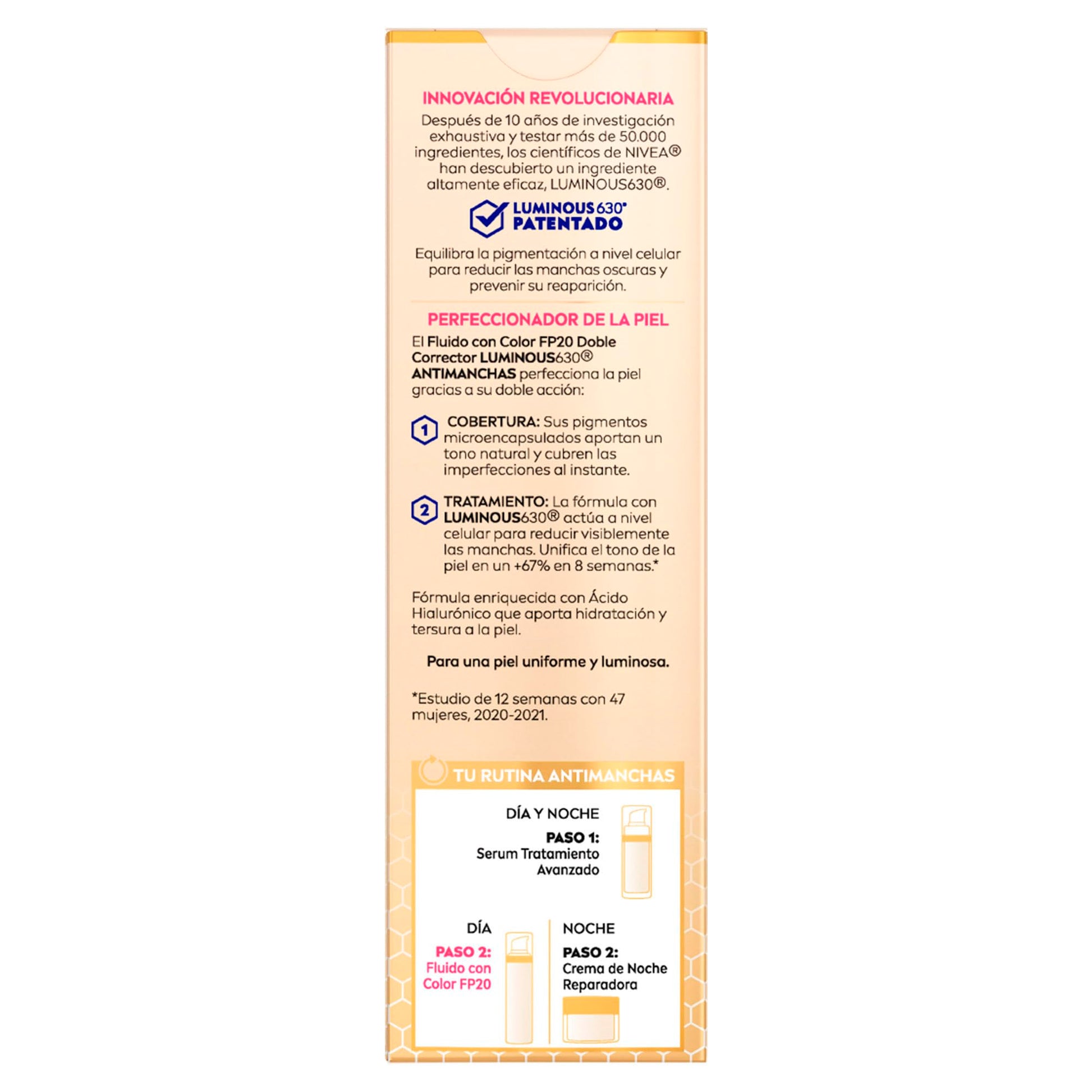 NIVEA Cellular LUMINOUS630 Anti-manchas Fluido Facial Aclarador de Piel FPS20 (40 ml) con un toque de color, Enriquecido Con Ácido Hialurónico y Vitamina E para una Piel Luminosa sin manchas por Edad, Solares u Hormonales