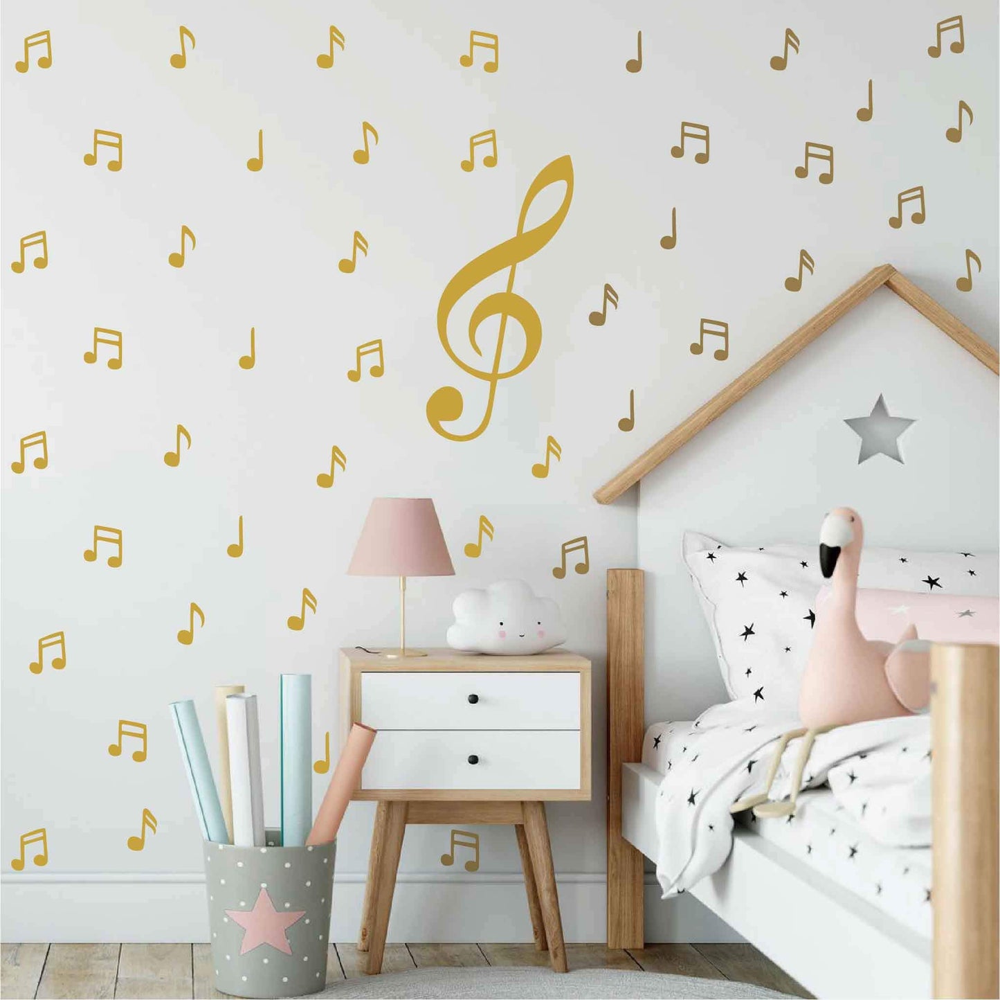 Calcomanía con patrón de notas musicales para el recámara de los niños, amantes de la música, decoración de pared para bebé niña extraíble AD04 (dorado)