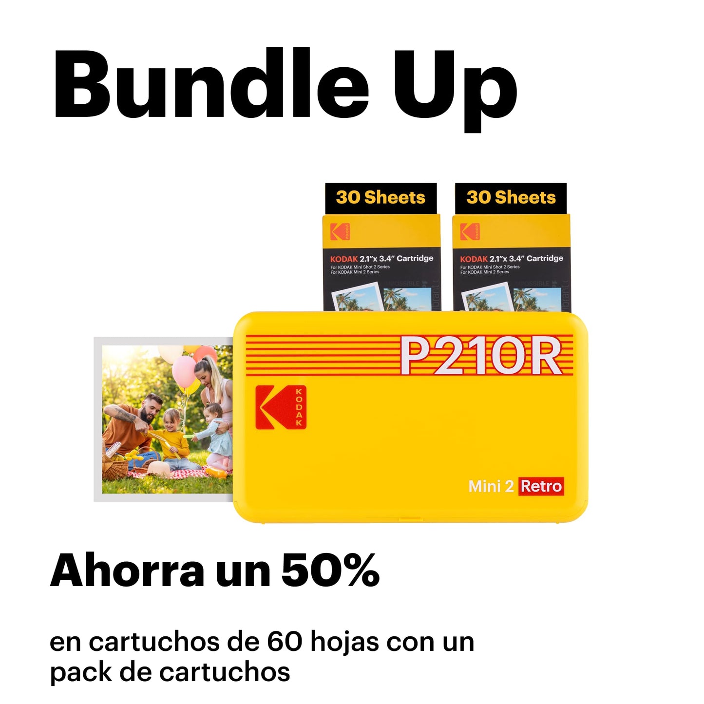 KODAK Mini 2 Retro 4PASS Impresora de Fotos Portátil (5,3x8,6cm) + Pack con 68 Hojas, Amarillo