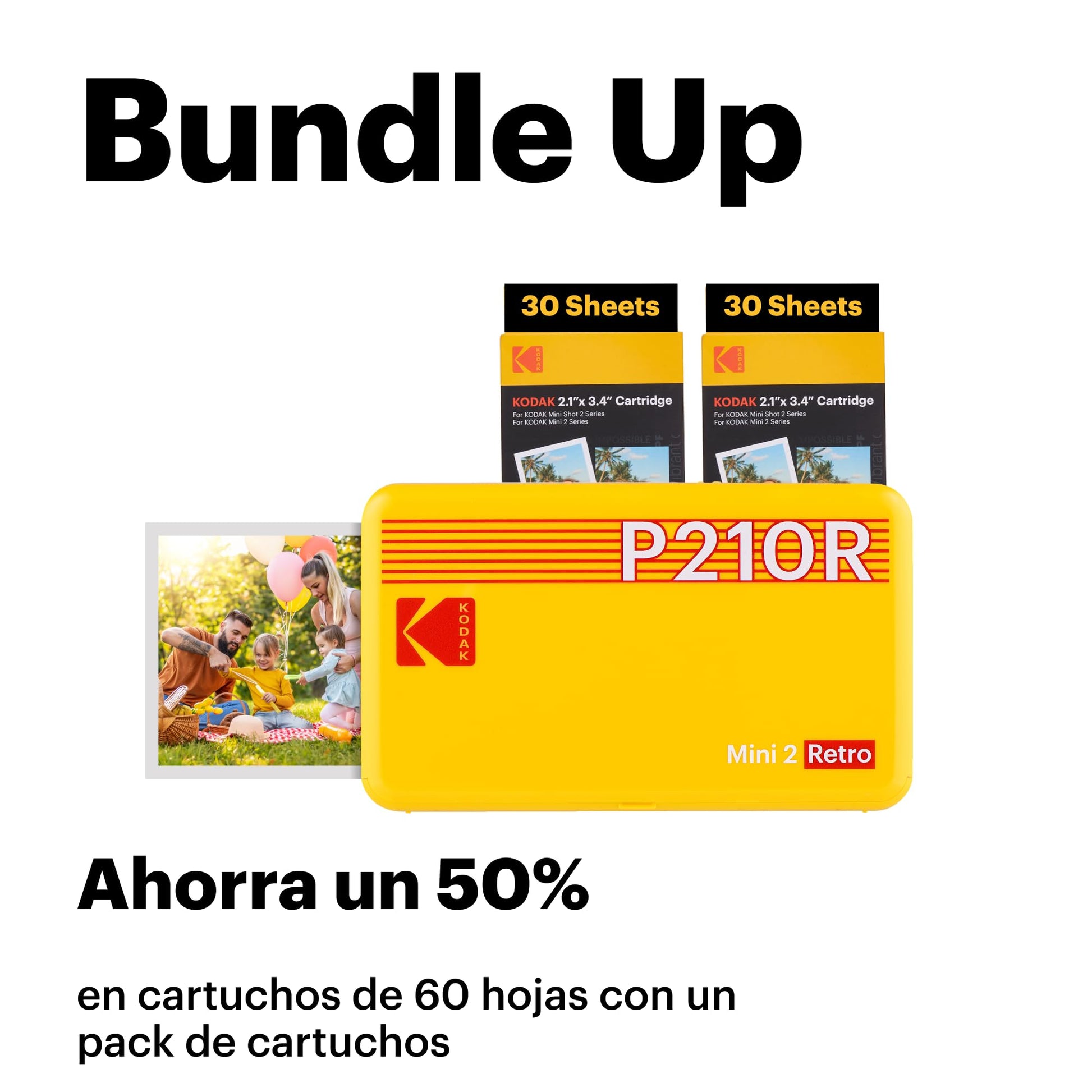 KODAK Mini 2 Retro 4PASS Impresora de Fotos Portátil (5,3x8,6cm) + 8 Hojas, Negro