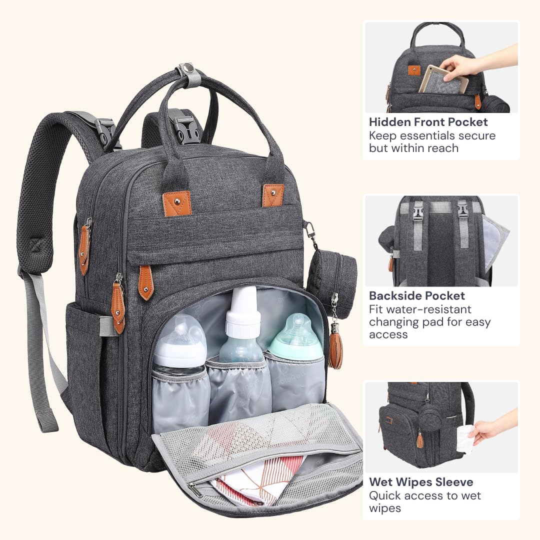 BabbleRoo - Mochila para pañales, multifuncional, impermeable, bolsa de pañales para bebé, con cambiador, correas para carriola y funda para chupete, unisex, gris oscuro