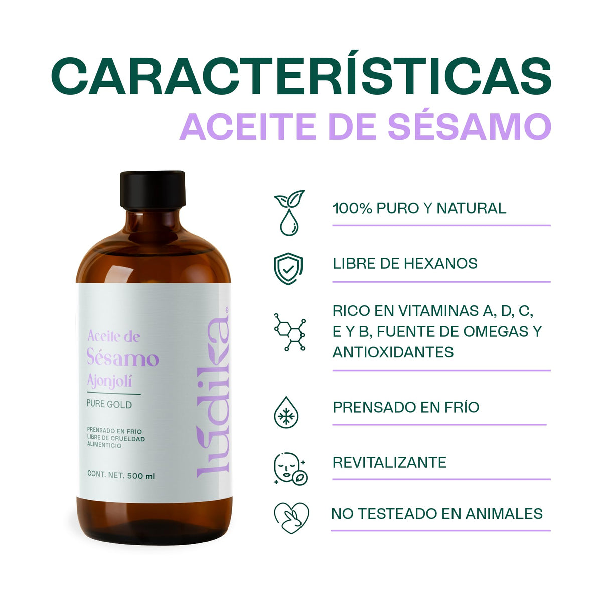 HEBBE Aceite De Ajonjolí 500 ml | Prensado En Frío 100% Puro | Hidratante Antioxidante | Elasticidad Piel | Cuidado Cabello