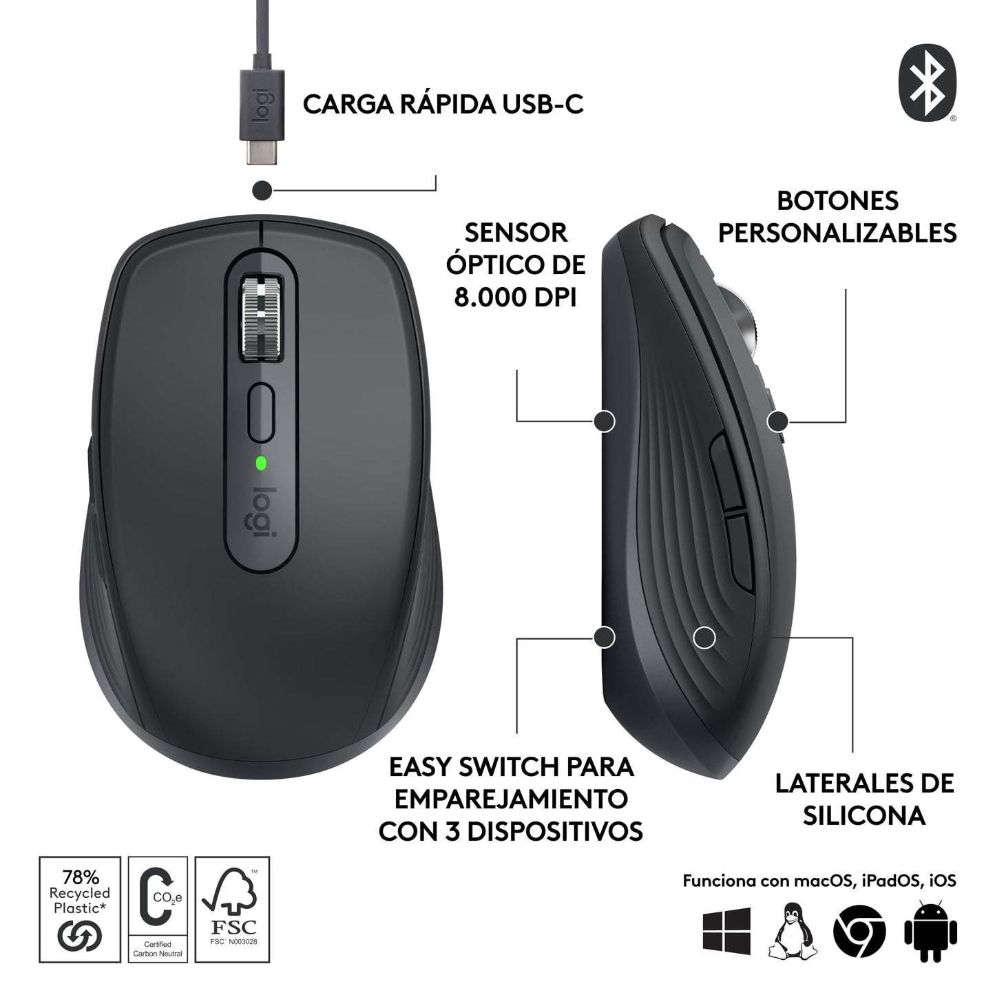 Logitech MX Anywhere 3S Compact Mouse inalámbrico, Desplazamiento Veloz en Todos Lados, dpi 8K, silencioso, Botones programables, USB C, Bluetooth, Windows PC, Linux, Chrome, Mac - Negro