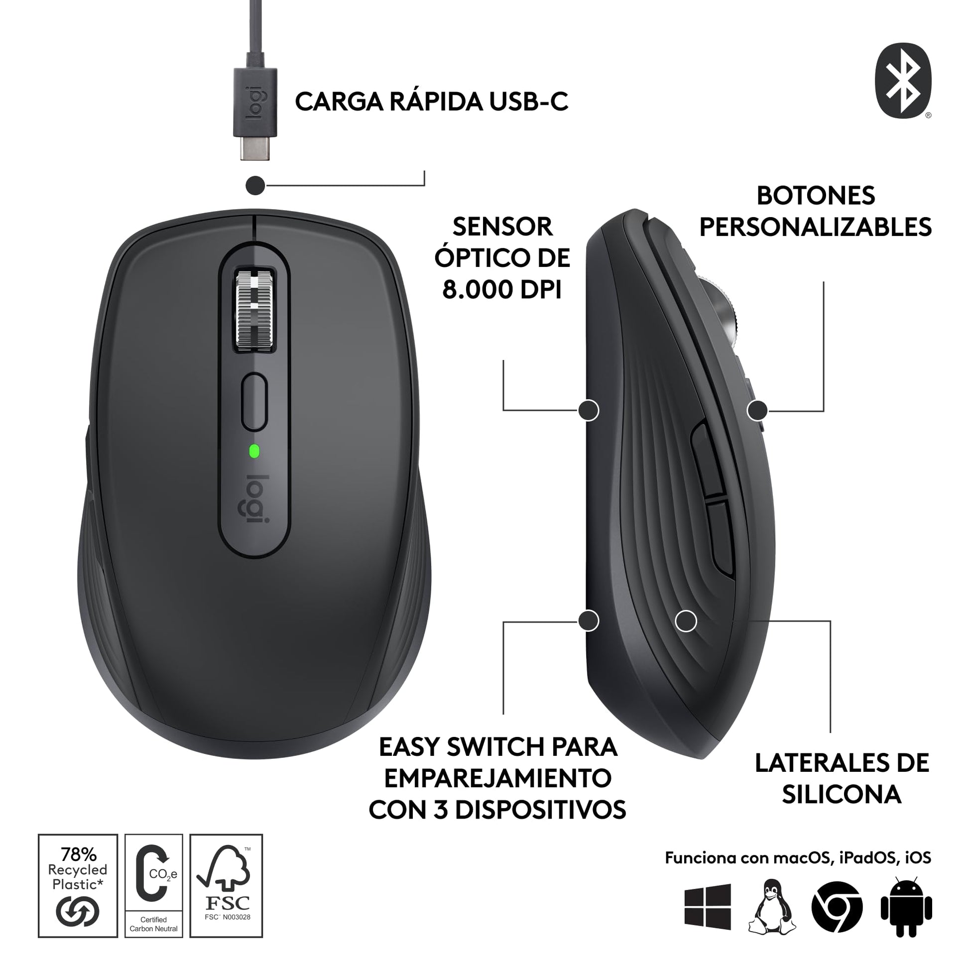 Logitech MX Anywhere 3S Compact Mouse inalámbrico, Desplazamiento Veloz en Todos Lados, dpi 8K, silencioso, Botones programables, USB C, Bluetooth, Windows PC, Linux, Chrome, Mac - Negro