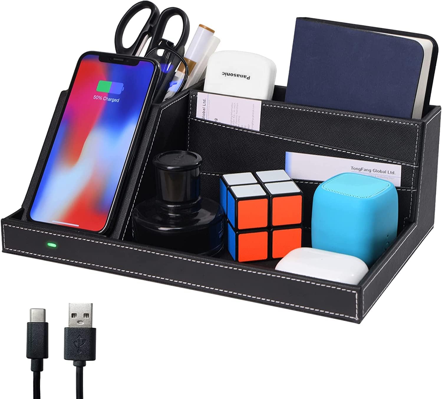 TopMade - Organizador de mesa de noche con cargador inalámbrico, soporte para bolígrafos de piel, suministros de oficina, accesorios de computadora, estación de carga rápida, soporte de control remoto