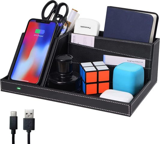 Organizador de Mesa de Noche TopMade Piel Soporte para Bolígrafos con Cargador Inalámbrico y Estación de Carga Rápida