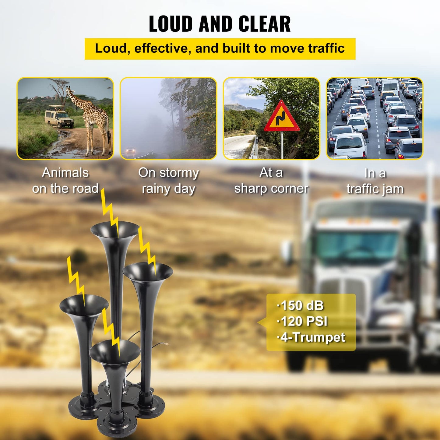 VEVOR Kit de bocinas de tren de 150 dB, 4 trompetas súper fuertes con compresor de aire de 120 PSI 12 V, tanque compresor de aire para cualquier vehículo, camión, coche, Jeep o SUV (negro)