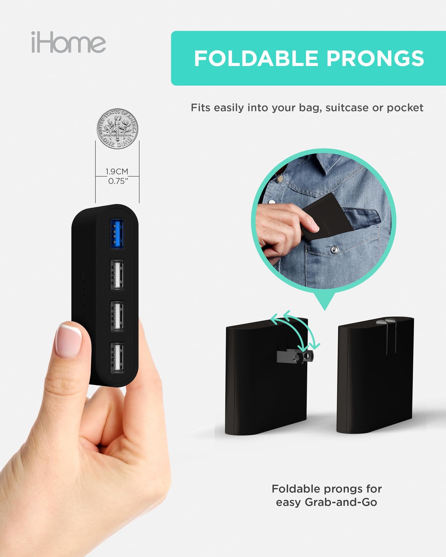 iHome Cargador de Pared USB Slim Cargador USB Multipuerto AC Pro, Adaptador de Enchufe USB y Bloque de Carga para Teléfono, 4 Enchufes USB para Tomacorriente de Pared