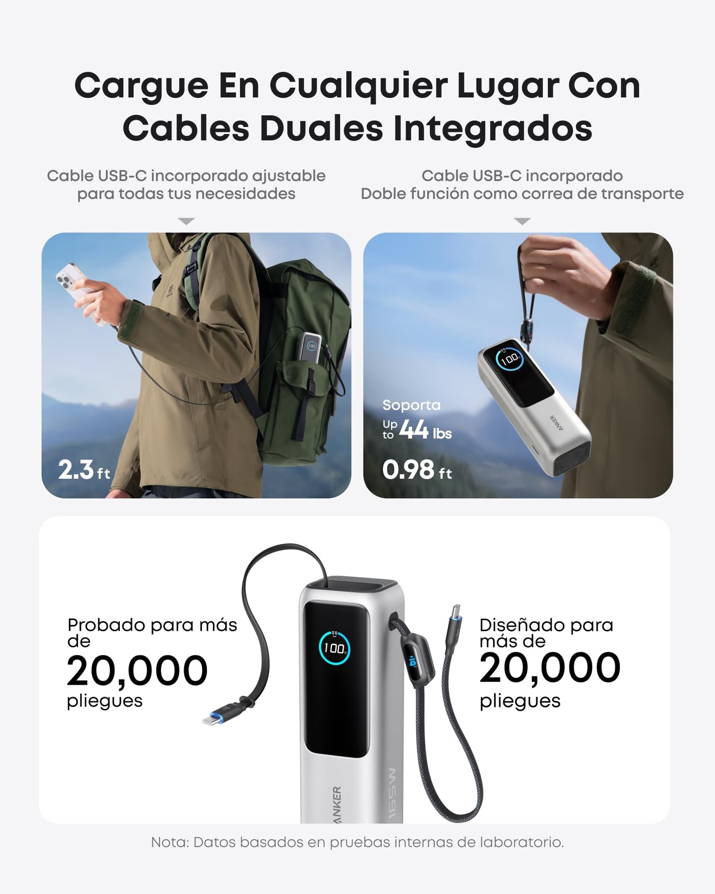 Batería Externa Anker Negra 25,000 mAh 100W USB-C con Cables Integrados y Retráctiles para Laptops y Móviles
