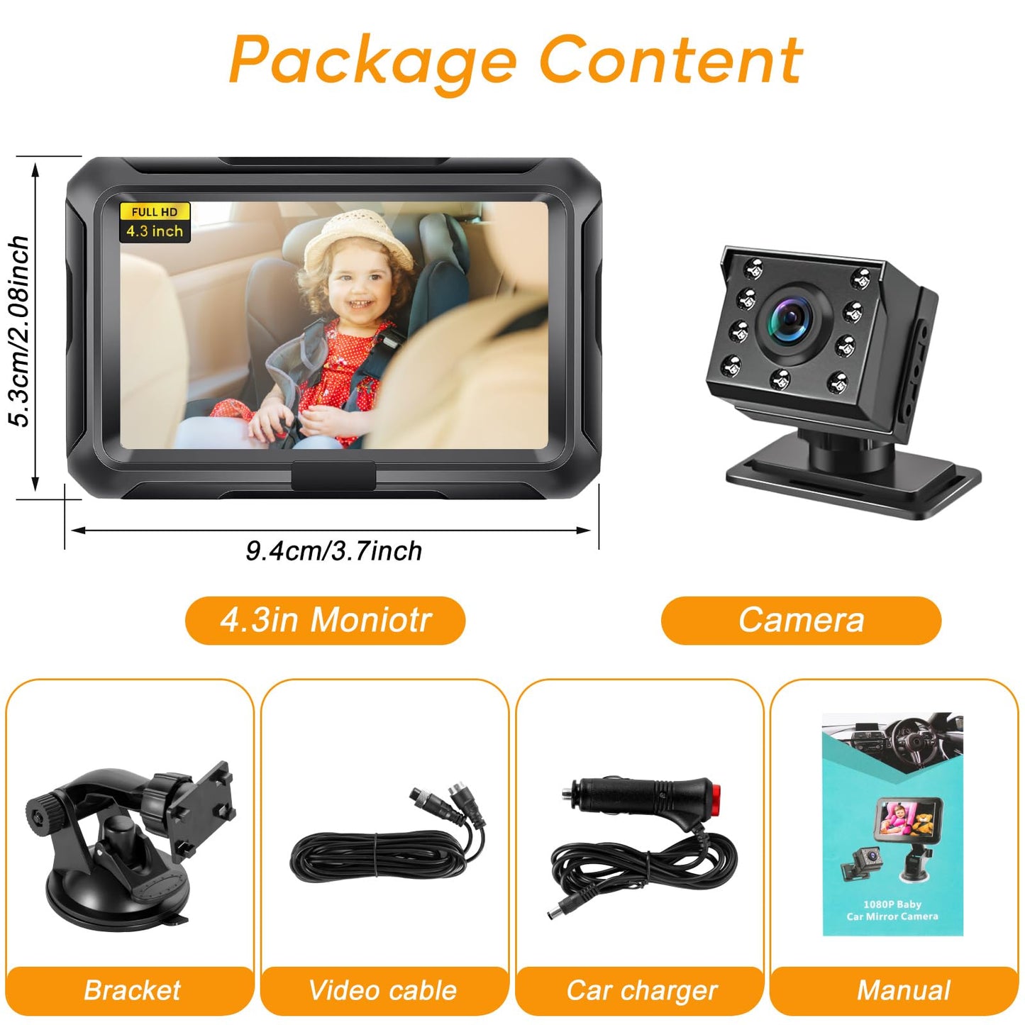 Bebé Coche Espejo, Cámara Coche Bebé Asiento Trasero HD 1080P con Visión Nocturna, Ángulo de Visión Amplio de 150°, Espejo de Coche para Bebés con Giratorio 360°,Espejo Retrovisor Coche Pantalla 4.3''