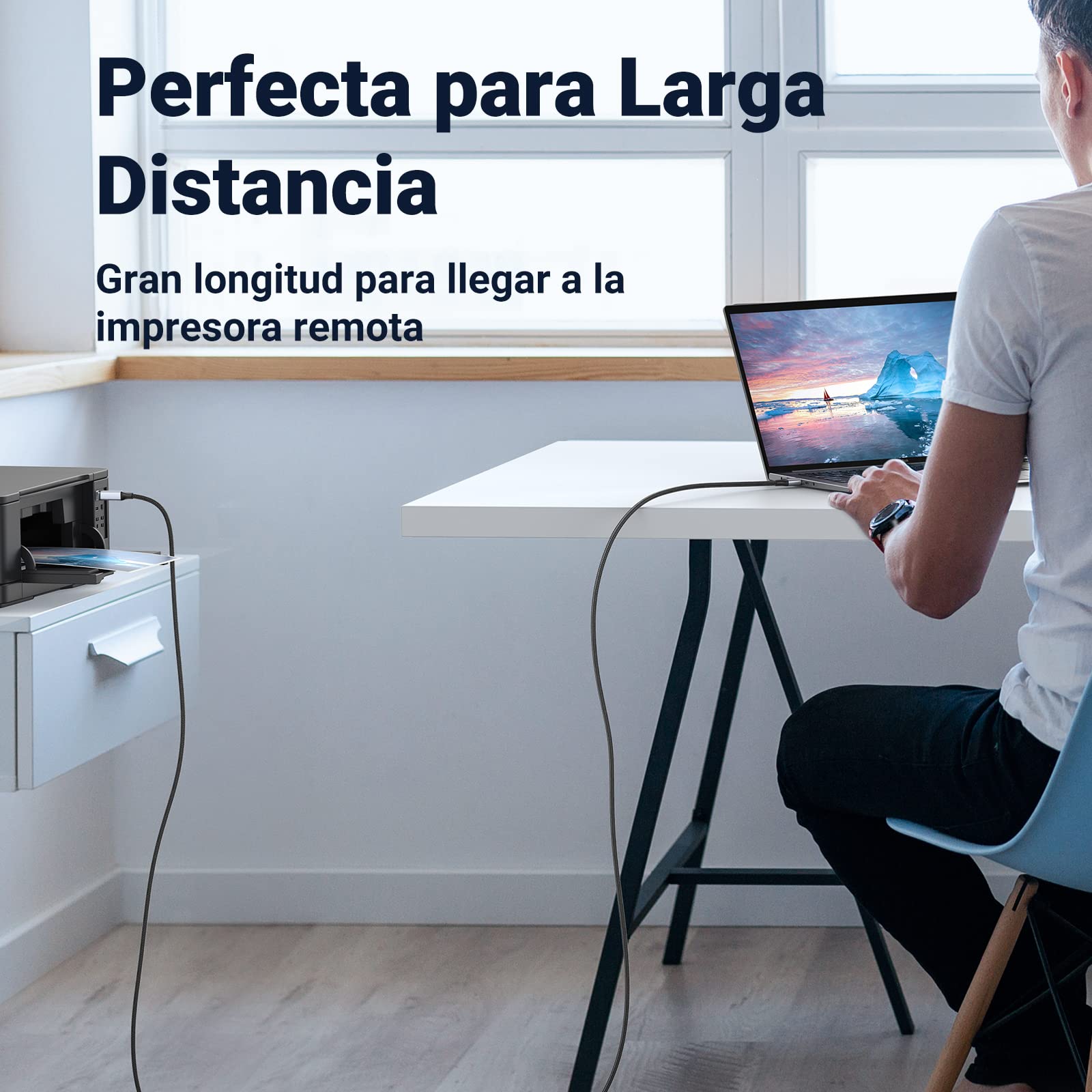 Cable Impresora UGREEN Negro Nylon Largo 2M USB 2.0 Tipo A a B para HP, Epson, Brother, Lexmark y Escáner