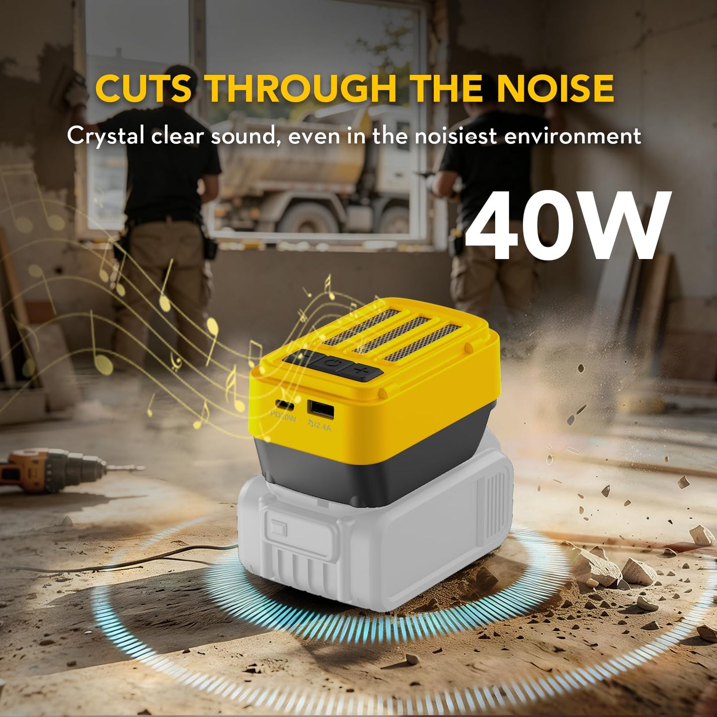 SurgeSonic - Altavoz Bluetooth para batería Dewalt de 20 V máximo, altavoz inalámbrico con carga USB-A/C, para lugares de trabajo al aire última intervensión, fiestas, cochera, campamento (batería no