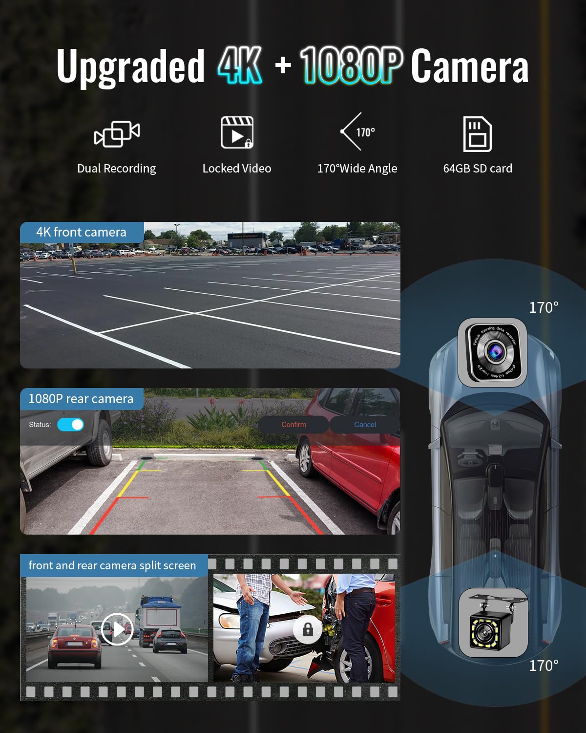 Visualización Portátil para Coche Apple Carplay Inalámbrica de 9 Pulgadas con Cámara de Salpicadero 4K y Cámara de Respaldo 1080p DVR