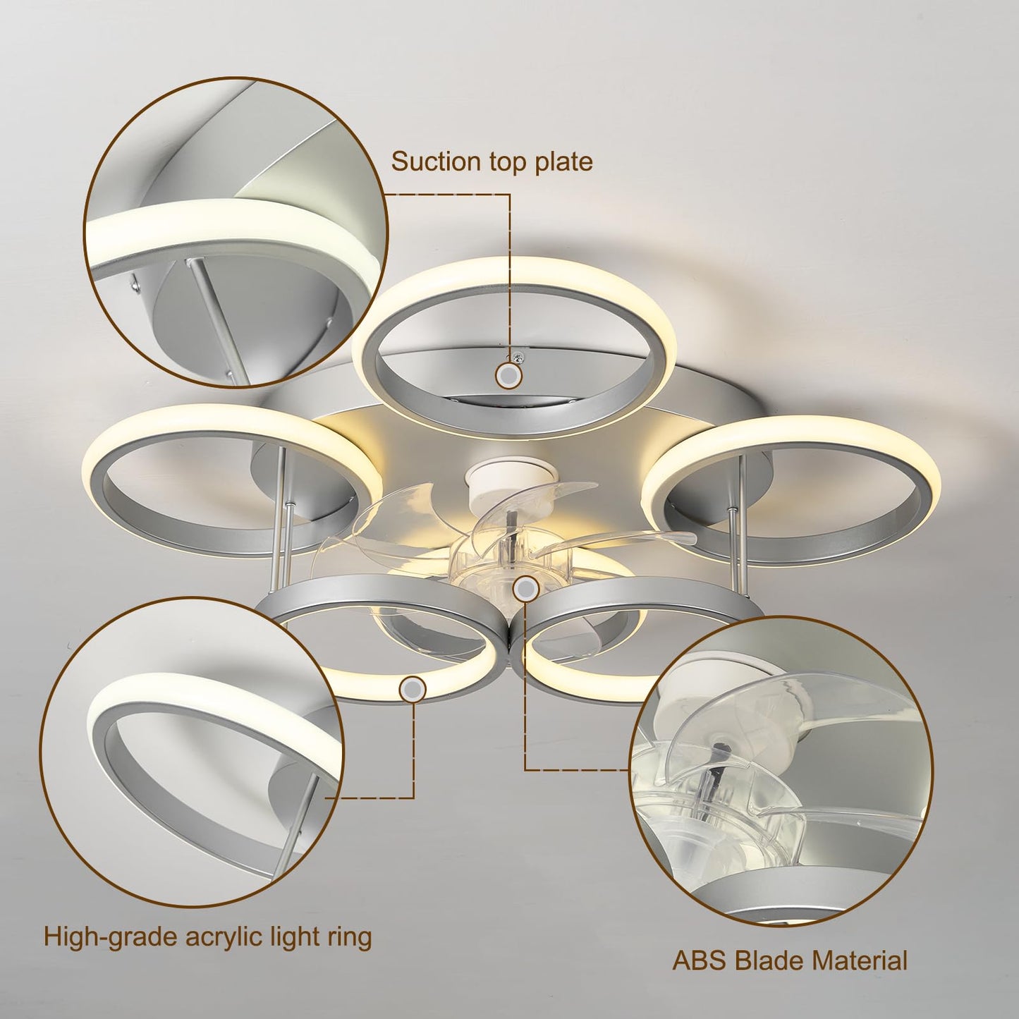 Lámpara de techo con ventilador de 25.6 pulgadas, moderno control remoto regulable Fandelier montaje empotrado, ventilador inteligente de techo de recámara con LED, cambio de color continuo de 3000 a