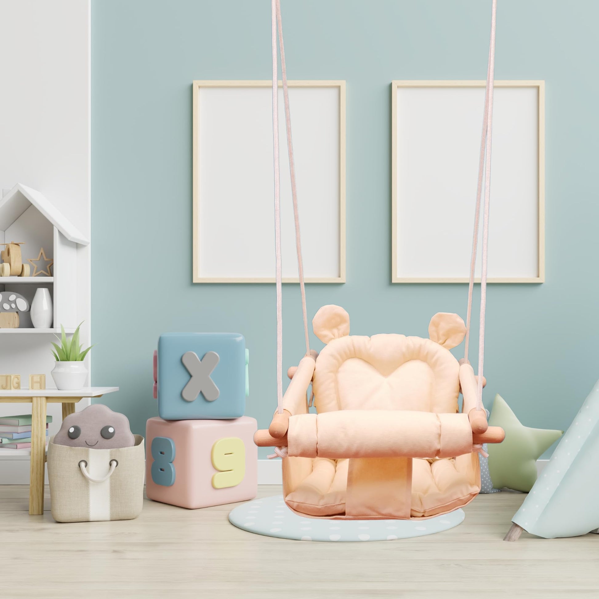 IVREA Asiento de Columpio de Tela Acolchado Modelo Oso para Bebés y Niños Pequeños - Altura Ajustable, Diseño Seguro, Suave y Cómodo. Beige.